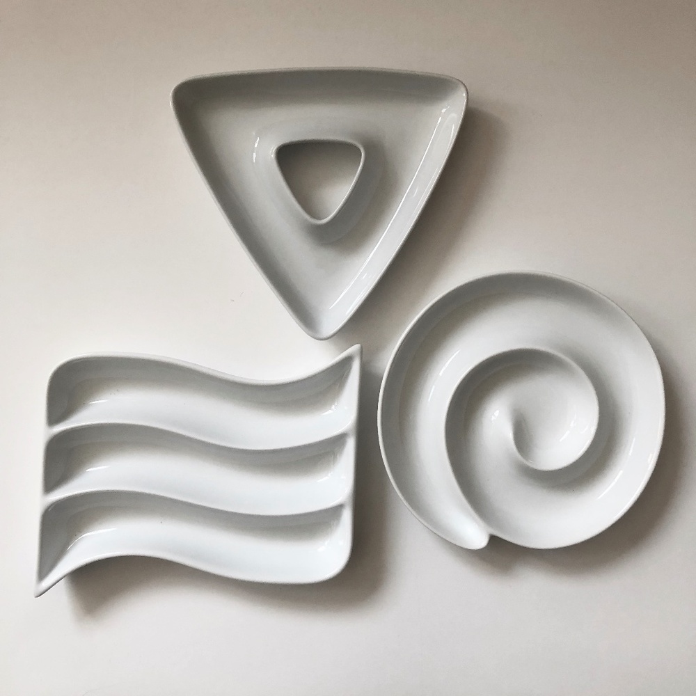 3 Eclectic Decorative Appetizer Plates in White Ceramic